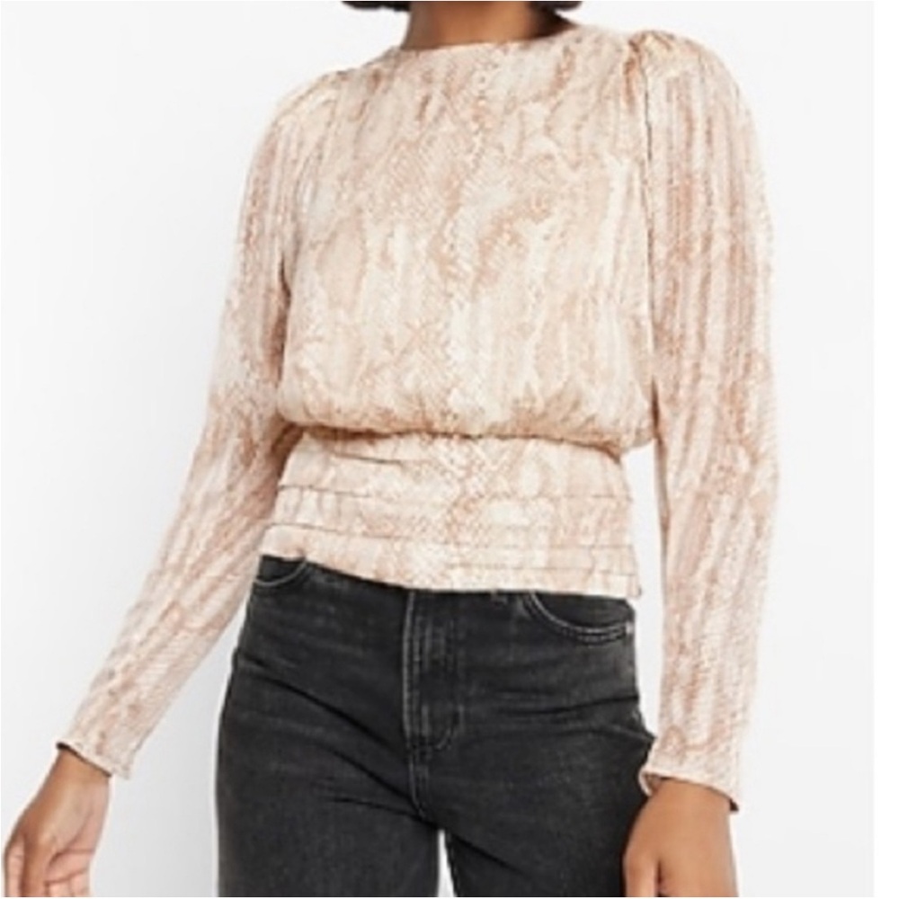 Express Neutral Snake-Print Long-Sleeve Blouson Top